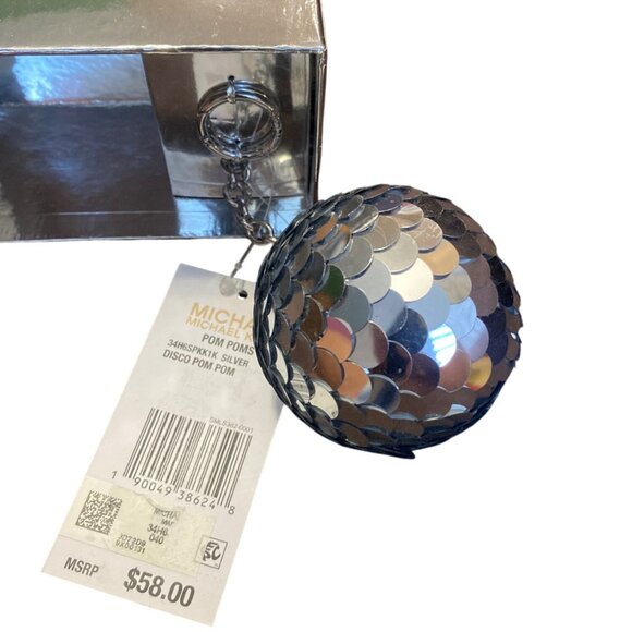 Michael Kors Silver Disco Pom Pom Keychain NIB New with Tags ib Box - Picture 2 of 7